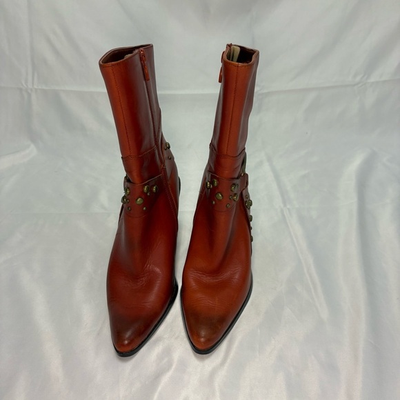 Vintage Harley Davidson Women’s 7.5 Burnt Orange Harness Heeled Boots Side Zip - Picture 3 of 14